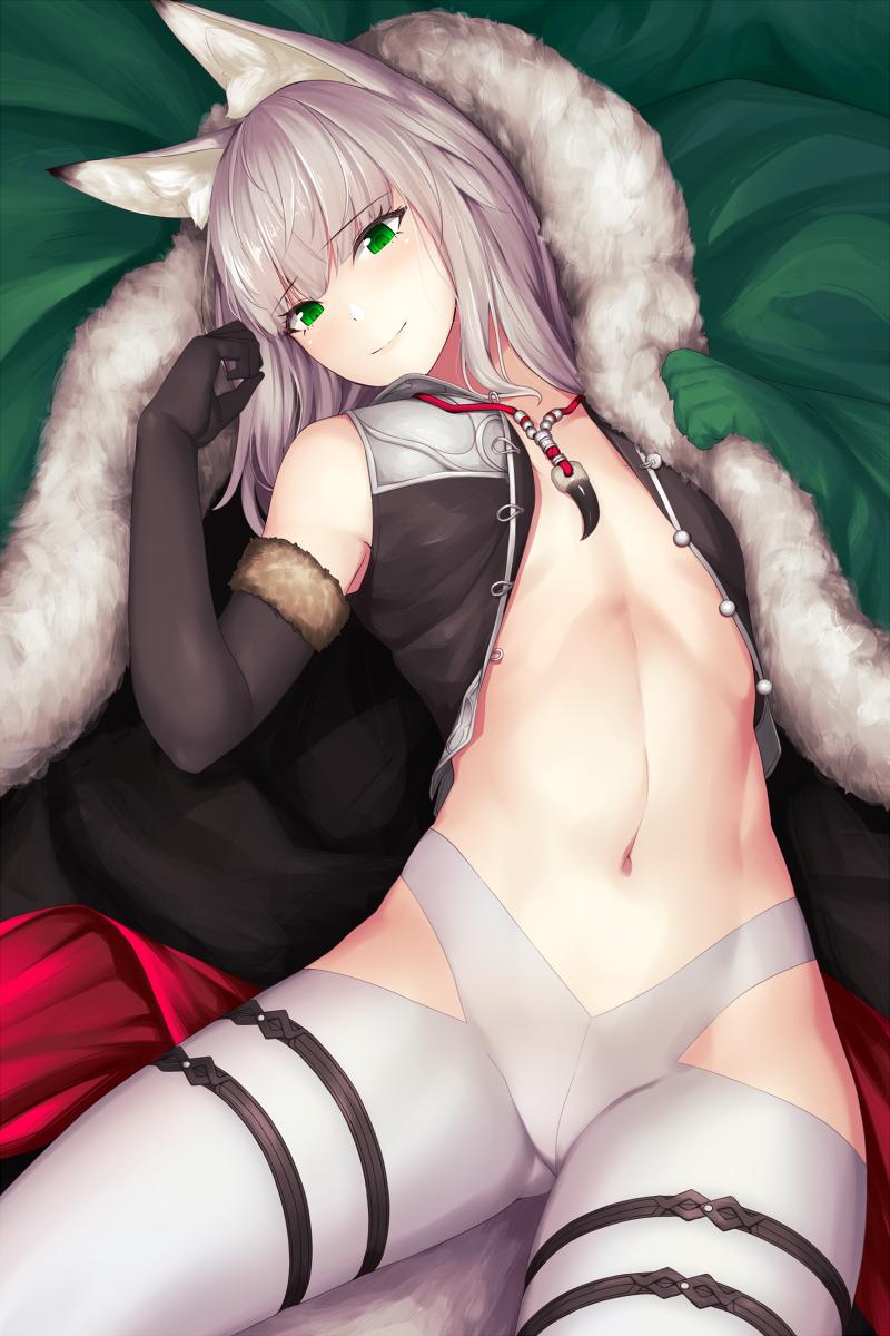 1girl animal_ear_fluff animal_ears bare_shoulders black_gloves black_vest blanket character_request closed_mouth commentary_request elbow_gloves flat_chest fox_ears fur_trim gloves gluteal_fold green_eyes hands_up head_tilt highres jewelry kageshio_(276006) long_hair looking_at_viewer lying navel necklace on_back open_clothes pants sennen_sensou_aigis silver_hair smile solo stomach vest white_pants