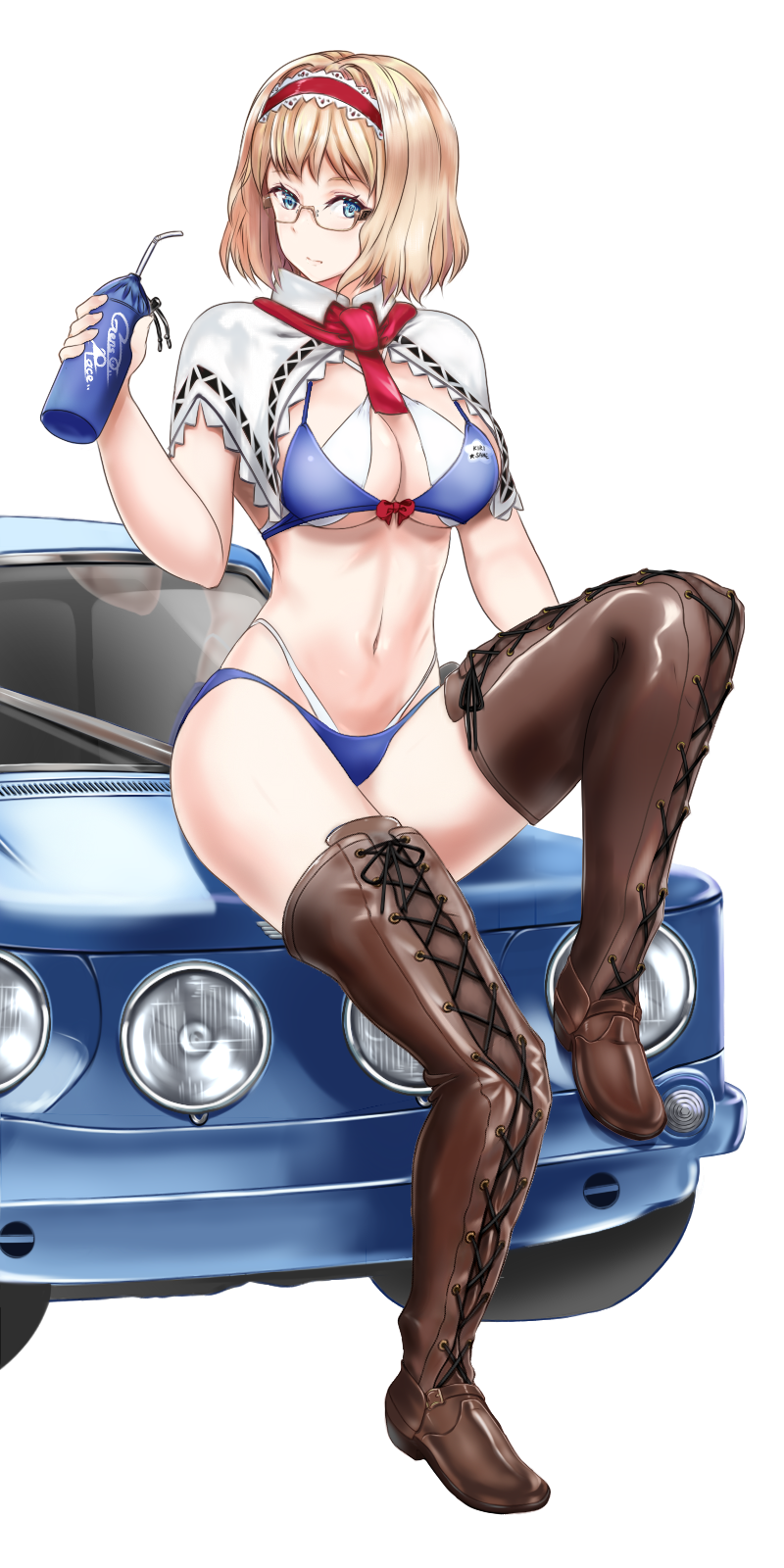 1girl alice_margatroid bangs bespectacled bikini blonde_hair blue_bikini blue_eyes boots bow breasts brown-framed_eyewear brown_footwear capelet car commentary criss-cross_halter cross-laced_footwear drinking_straw full_body glasses ground_vehicle hairband halterneck highleg highleg_bikini highres holding knee_up lace-trimmed_hairband lace-up_boots lace_trim large_breasts lolita_hairband looking_at_viewer motor_vehicle navel red_bow red_hairband red_neckwear reflection short_hair sitting solo stomach swimsuit thigh-highs thigh_boots thighs tk31 touhou transparent_background white_bikini white_capelet