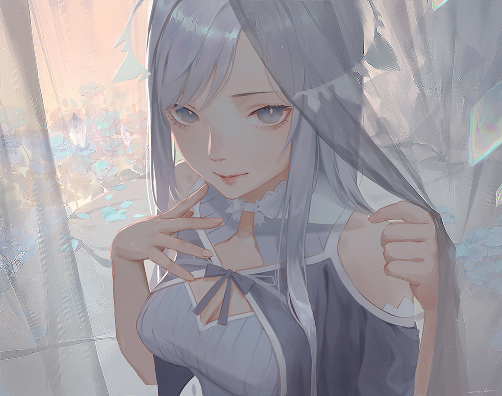 1girl bangs bare_shoulders breasts choker cleavage closed_mouth curtains echosdoodle flower grey_eyes hair_ornament long_hair looking_at_viewer medium_breasts petals quinella silver_hair smile solo sword_art_online sword_art_online_alicization upper_body