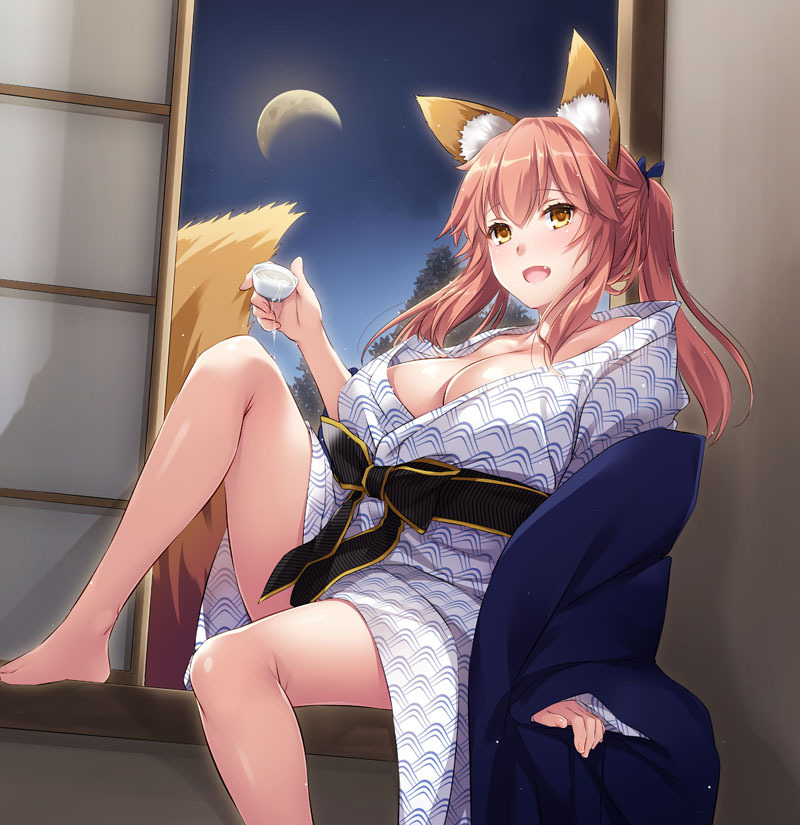 1girl alcohol animal_ear_fluff animal_ears bangs bare_shoulders blue_kimono blush breasts cleavage crescent_moon cup fang fate/extra fate_(series) fox_ears fox_girl fox_tail hair_between_eyes japanese_clothes kimono knee_up large_breasts legs long_hair looking_at_viewer moon nakajima_yuka night night_sky open_mouth pink_hair sash sidelocks sitting sky smile solo tail tamamo_(fate)_(all) tamamo_no_mae_(fate) thighs twintails white_kimono yellow_eyes