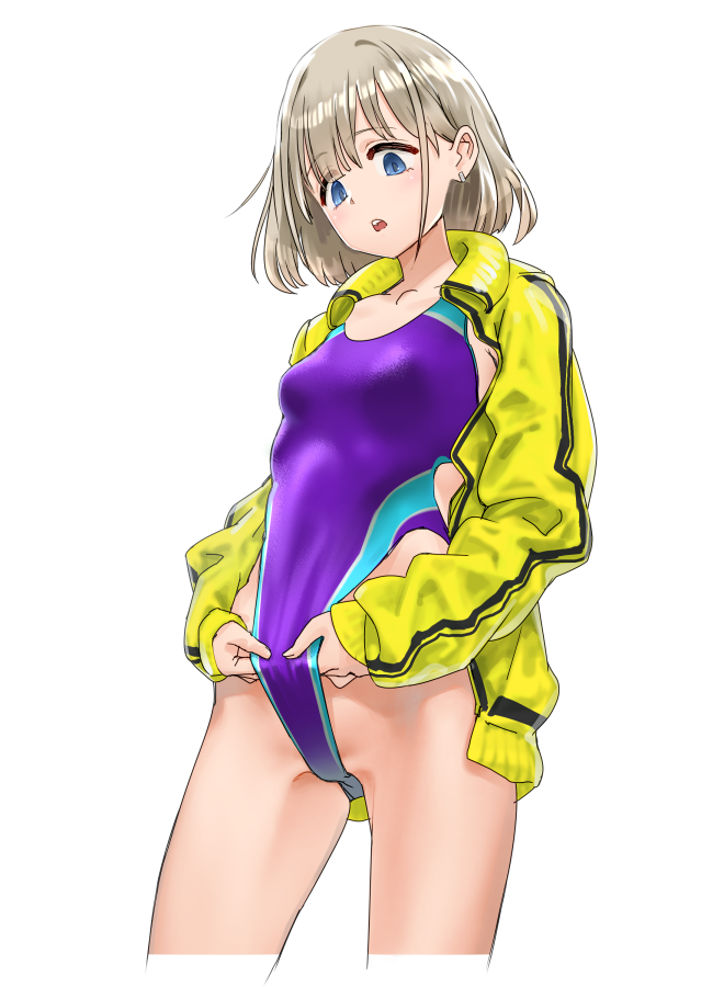 1girl bangs blue_eyes blush breasts commentary_request competition_swimsuit dokiyuri eyebrows_visible_through_hair grey_hair highleg highleg_swimsuit idolmaster idolmaster_shiny_colors jacket long_sleeves looking_down one-piece_swimsuit open_clothes open_jacket open_mouth purple_swimsuit serizawa_asahi short_hair simple_background small_breasts solo standing swimsuit swimsuit_pull swimsuit_under_clothes track_jacket white_background