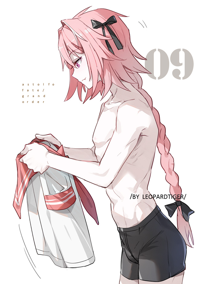 1boy artist_name ass astolfo_(fate) bishounen black_bow black_ribbon bow boxers braid buttoning chest copyright_name cowboy_shot fang fate/apocrypha fate_(series) from_side hair_bow hair_intakes hair_ribbon holding_shirt leopardtiger long_braid long_hair male_focus motion_lines multicolored_hair no_pants no_shirt numbered pale_skin pink_hair red_sailor_collar ribbon sailor_collar school_uniform shirt short_shorts shorts simple_background single_braid skin_fang solo streaked_hair toned toned_male topless underwear underwear_only violet_eyes white_background white_shirt
