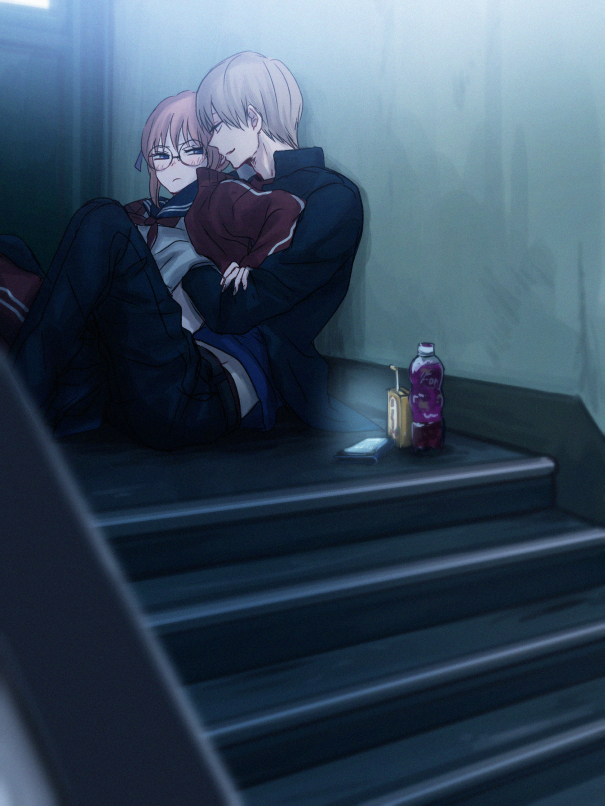 1boy 1girl black_jacket black_pants blue_eyes blue_sailor_collar blue_shirt blush bottle brown_hair couple drinking_straw eye_contact gintama glasses grey_shirt hair_ribbon hand_under_clothes indoors jacket kagura_(gintama) long_sleeves looking_at_another okita_sougo open_clothes open_jacket pants purple_ribbon red_jacket red_track_suit ribbon rimless_eyewear round_eyewear sailor_collar school school_uniform serafuku shirt short_hair stairs szzz_k track_jacket