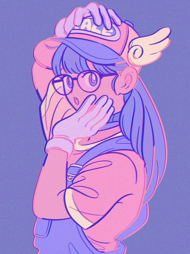 1girl bangs baseball_cap dr._slump glasses gloves hand_on_own_cheek hand_on_own_head hat limited_palette long_hair looking_at_viewer open_mouth pink_headwear pink_shirt print_hat purple_background purple_hair purple_overalls purple_theme shirt short_sleeves solo upper_body uzuta violet_eyes white_gloves