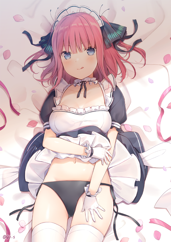 1girl 6u_(eternal_land) black_dress black_panties black_ribbon blue_eyes blush breasts choker cleavage closed_mouth collarbone commentary_request cowboy_shot dress dress_lift frilled_choker frilled_dress frills gloves go-toubun_no_hanayome groin hair_ornament looking_at_viewer lying maid maid_headdress medium_breasts nakano_nino navel on_back panties petals pink_ribbon puffy_short_sleeves puffy_sleeves redhead ribbon short_hair short_sleeves side-tie_panties solo stomach thigh-highs twitter_username two_side_up underwear white_gloves white_legwear