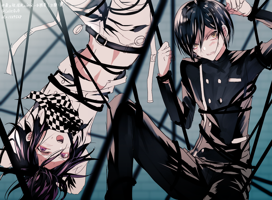 2boys artist_name belt black_belt black_hair black_jacket black_legwear blush checkered checkered_scarf commentary_request dangan_ronpa jacket male_focus medium_hair multiple_boys new_dangan_ronpa_v3 ouma_kokichi pants restrained saihara_shuuichi scarf short_hair translation_request upper_teeth upside-down violet_eyes white_jacket white_legwear yellow_eyes z-epto_(chat-noir86)