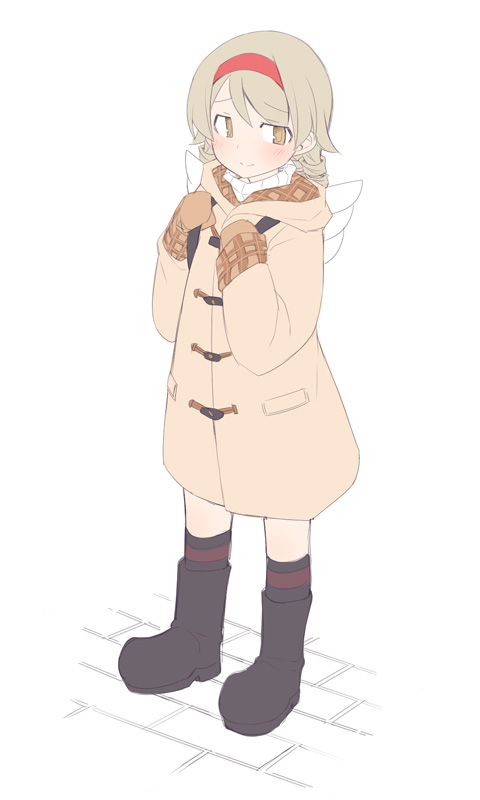 1girl backpack bag bangs black_footwear black_legwear blush brown_coat brown_eyes brown_mittens closed_mouth coat cosplay eyebrows_visible_through_hair full_body hair_between_eyes hairband holding_strap hood hood_down hooded_coat idolmaster idolmaster_cinderella_girls kanon kneebar kneehighs light_brown_hair light_smile long_hair long_sleeves mittens morikubo_nono red_hairband ribbed_sweater simple_background sleeves_past_wrists solo standing sweater tsukimiya_ayu tsukimiya_ayu_(cosplay) turtleneck turtleneck_sweater ushi white_background white_sweater