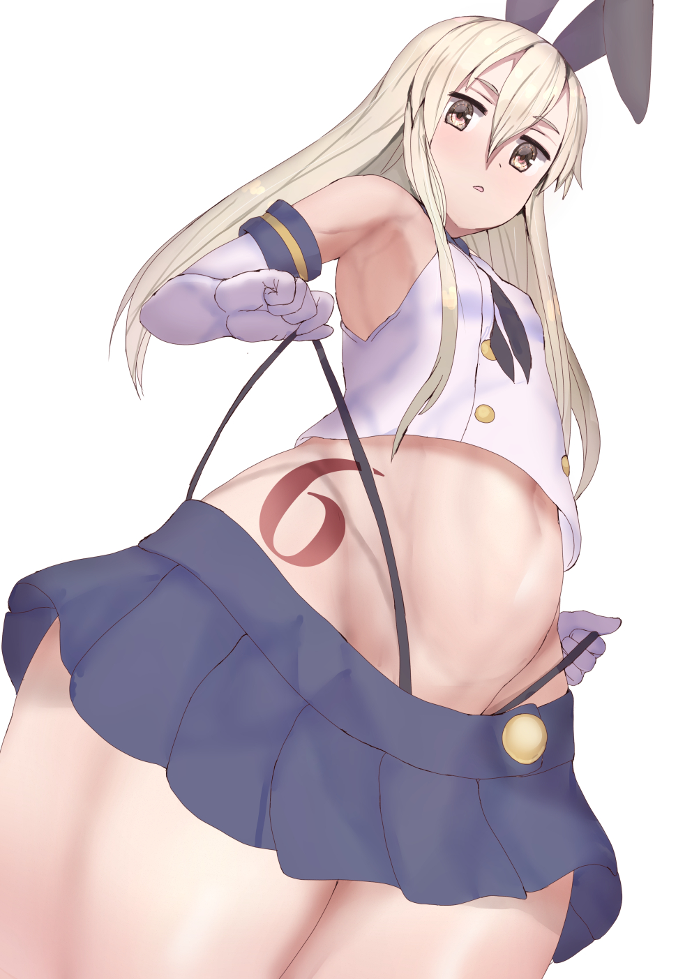 1girl anchor_hair_ornament black_panties blonde_hair blue_skirt crop_top elbow_gloves eyebrows_visible_through_hair gloves grey_eyes hair_between_eyes hair_ornament hairband highleg highleg_panties highres kantai_collection long_hair looking_at_viewer looking_down microskirt miniskirt panties sailor_collar school_uniform serafuku shimakaze_(kantai_collection) sikijou77o simple_background skirt solo striped striped_legwear thigh-highs underwear white_background white_gloves