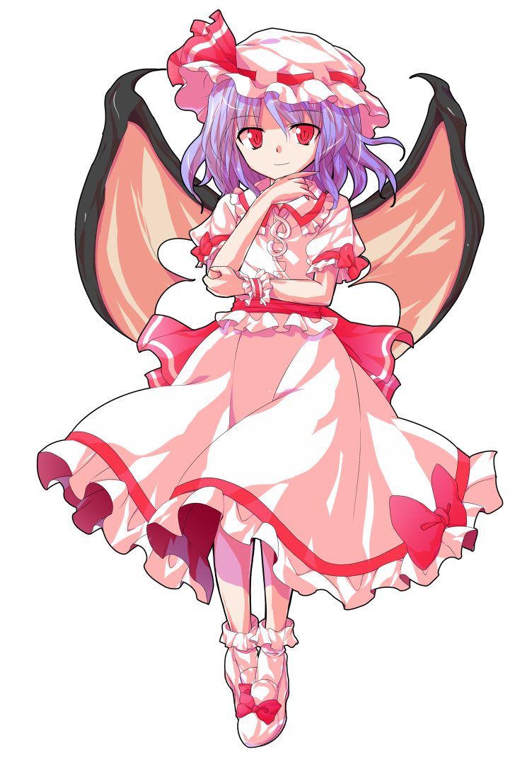 1girl alphes_(style) bat_wings closed_mouth commentary_request dairi dress eyebrows_visible_through_hair frilled_dress frills hand_on_own_chin hand_on_own_elbow hat medium_hair mob_cap parody pink_dress pink_footwear puffy_short_sleeves puffy_sleeves purple_hair red_eyes remilia_scarlet revision ribbon-trimmed_sleeves ribbon_trim short_sleeves smile solo style_parody tachi-e touhou transparent_background wings wrist_cuffs