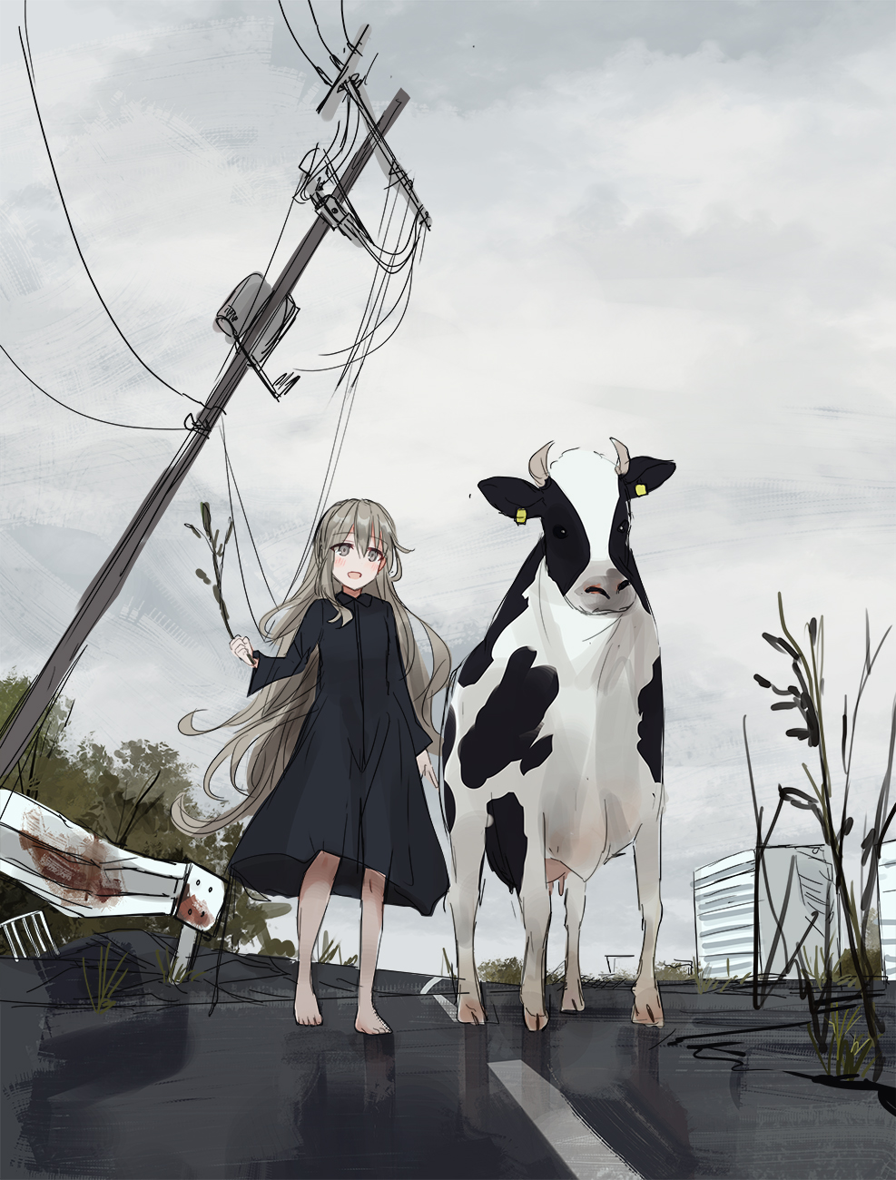 1girl :d animal bangs barefoot black_dress blush branch brown_eyes brown_hair building chihuri clouds cloudy_sky collared_dress cow day dress ear_tag eyebrows_visible_through_hair hair_between_eyes highres holding holding_branch long_hair long_sleeves open_mouth original outdoors railing road sketch sky smile solo telephone_pole very_long_hair wide_sleeves