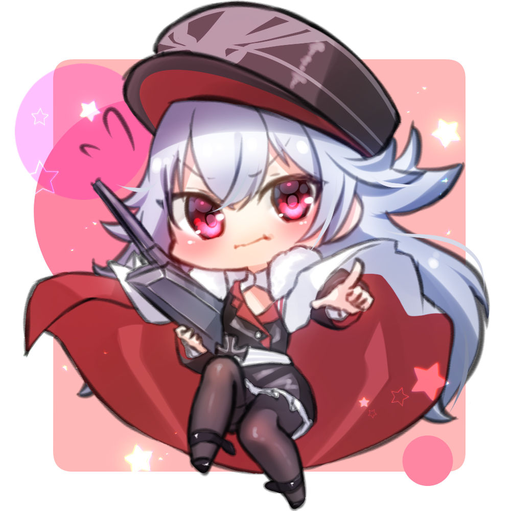 azur_lane cape chibi graf_zeppelin_(azur_lane) gun hat military military_uniform pantyhose peaked_cap pointing red_eyes seele0907 silver_hair sweatdrop uniform weapon younger zeppelin-chan_(azur_lane)