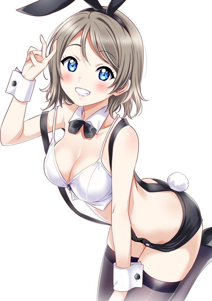 1girl animal_ears bangs black_footwear black_neckwear black_shorts blue_eyes blush bow bowtie breasts bunny_tail cleavage collarbone crop_top detached_collar grey_hair looking_at_viewer love_live! love_live!_sunshine!! medium_breasts rabbit_ears rozen5 short_hair shorts sidelocks simple_background smile solo tail thigh-highs watanabe_you white_background white_crop_top wrist_cuffs