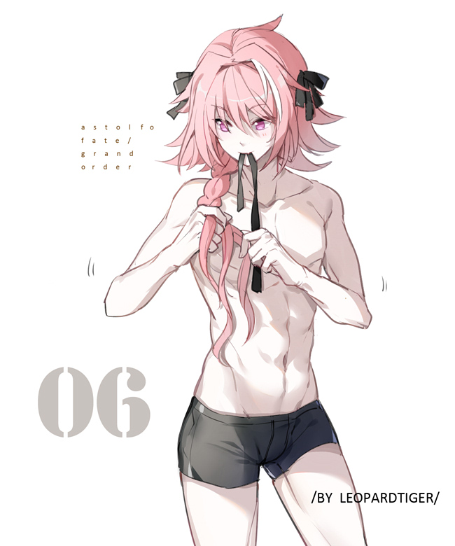 1boy artist_name astolfo_(fate) bishounen black_bow black_ribbon bow boxers braid braiding_hair buttoning chest copyright_name facing_viewer fang fate/apocrypha fate_(series) hair_intakes hair_ribbon hairdressing leopardtiger long_braid long_hair male_focus messy_hair motion_lines multicolored_hair musical_note no_pants numbered pink_hair ribbon shirtless simple_background single_braid skin_fang solo streaked_hair toned toned_male underwear underwear_only violet_eyes white_background