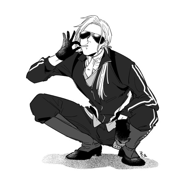 1boy daihannya_nagamitsu_(touken_ranbu) gloves holding ichimaru jacket low_ponytail male_focus monochrome mouth_hold ponytail screentones shadow simple_background solo squatting sunglasses touken_ranbu white_background