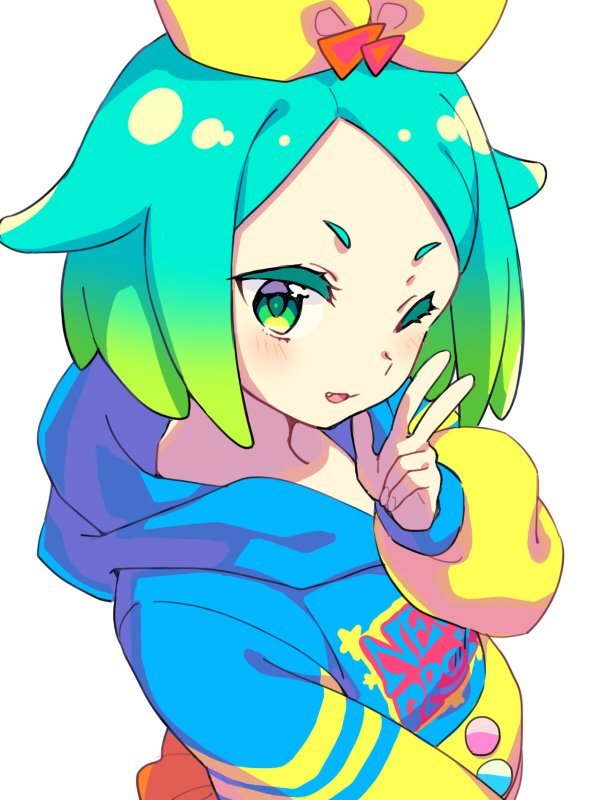 1girl aqua_hair clothes_writing colored_eyelashes commentary_request copyright_request fingernails forehead fuyu_rin gradient_hair green_eyes hand_up hood hood_down light_green_hair long_sleeves looking_at_viewer multicolored multicolored_eyes multicolored_hair one_eye_closed short_eyebrows short_hair solo third-party_source upper_body w