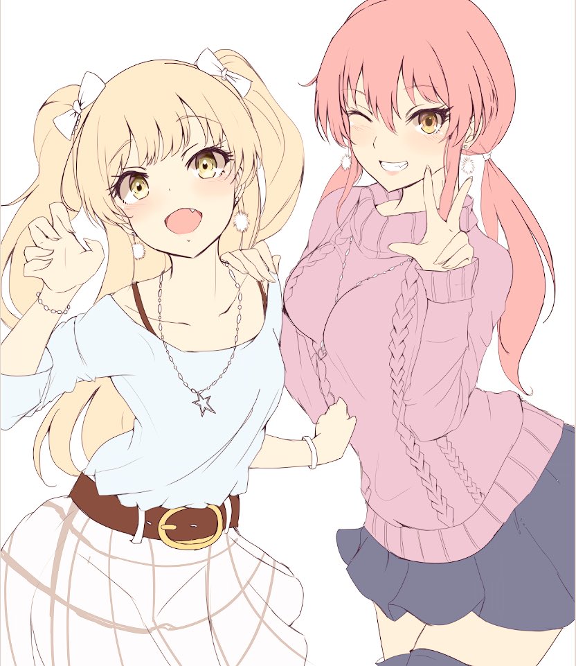 2girls :d ;d bangs belt blonde_hair bracelet breasts brown_belt collarbone earrings eyelashes fang fingernails grin hand_up idolmaster idolmaster_cinderella_girls idolmaster_cinderella_girls_starlight_stage jewelry jougasaki_mika jougasaki_rika long_hair long_sleeves looking_at_viewer miniskirt multiple_girls necklace one_eye_closed open_mouth pale_color pink_hair pleated_skirt ryuu. skirt smile star star_necklace two_side_up w yellow_eyes