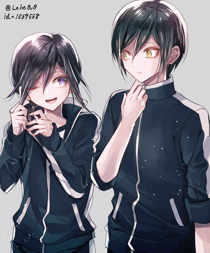 2boys alternate_costume alternate_hairstyle black_hair commentary_request dangan_ronpa grey_background hair_between_eyes jacket long_sleeves looking_at_another male_focus medium_hair multiple_boys new_dangan_ronpa_v3 one_eye_closed ouma_kokichi ponytail saihara_shuuichi simple_background sleeves_past_wrists sleeves_rolled_up sportswear upper_body violet_eyes yellow_eyes z-epto_(chat-noir86)