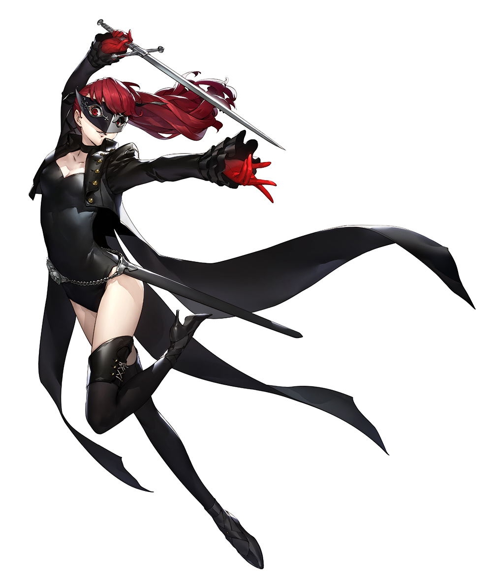 1girl black_legwear black_leotard boots coattails cropped_jacket full_body gloves high_heel_boots high_heels leotard long_hair mask official_art open_mouth persona persona_5 persona_5_the_royal red_eyes red_gloves redhead simple_background soejima_shigenori solo sword thigh-highs thigh_boots weapon white_background yoshizawa_kasumi