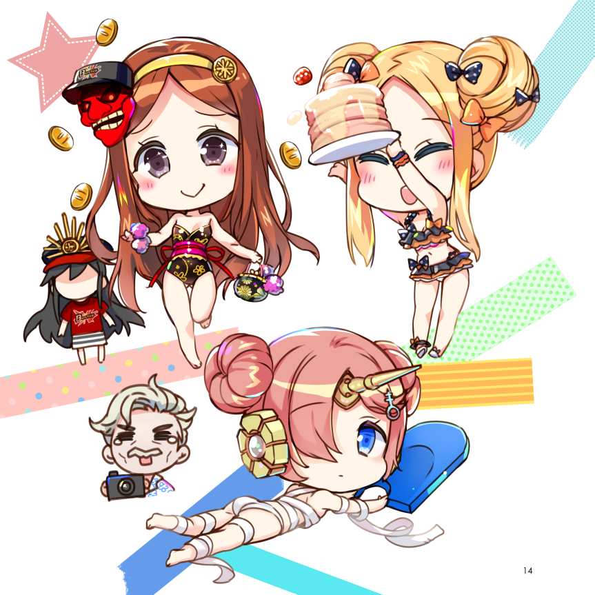 1boy 4girls :d =_= abigail_williams_(fate/grand_order) arms_up ass bandage bandaged_arm bandaged_leg bandages bangs bare_arms bare_legs bare_shoulders barefoot bikini black_bikini black_bow black_hair black_headwear black_swimsuit blonde_hair blue_eyes blush bow breasts brown_eyes brown_hair buster_shirt camera chacha_(fate/grand_order) chibi closed_eyes closed_mouth commentary_request double_bun emerald_float eyebrows_visible_through_hair faceless faceless_female family_crest fate/grand_order fate_(series) food forehead frankenstein's_monster_(fate) frankenstein's_monster_(swimsuit_saber)_(fate) hair_bow hair_over_one_eye hairband hat holding holding_plate james_moriarty_(fate/grand_order) jin_young-in kickboard koha-ace looking_at_viewer looking_back mask mask_on_head multiple_girls obi oda_nobunaga_(fate) oda_uri open_mouth orange_bow outstretched_arms pancake parted_bangs peaked_cap pink_hair plate polka_dot polka_dot_bow red_skirt sandals sash short_sleeves side_bun sidelocks skirt small_breasts smile stack_of_pancakes standing standing_on_one_leg star strapless strapless_swimsuit striped striped_skirt swimsuit tears white_bikini_bottom white_footwear yellow_hairband