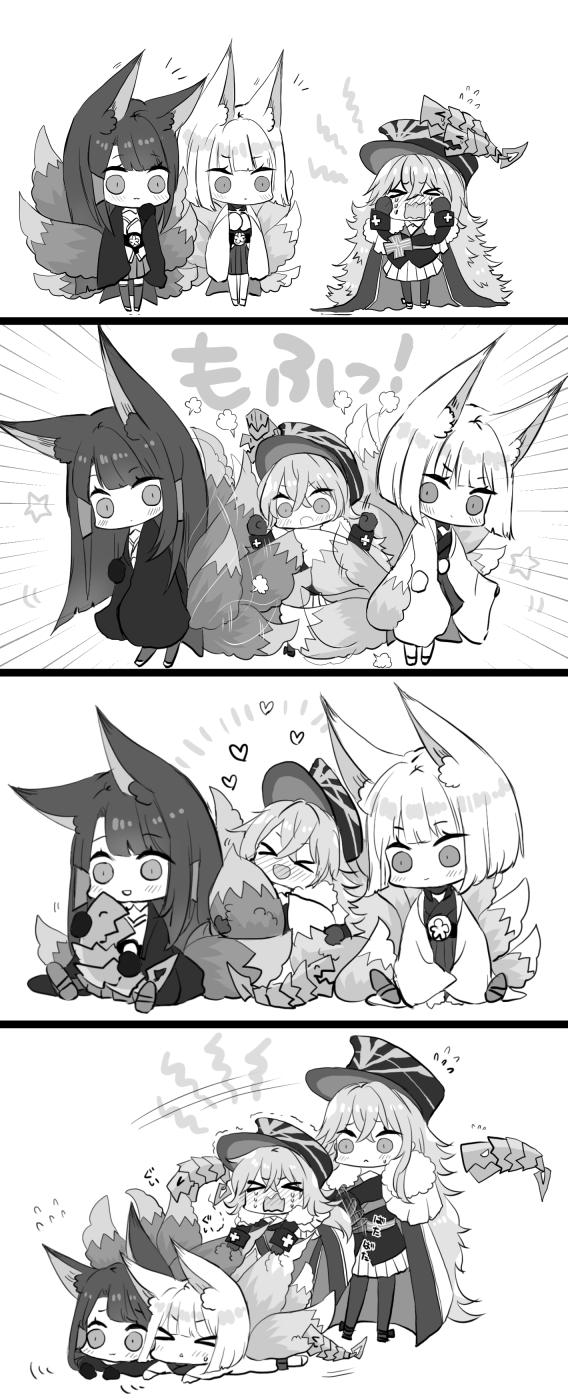 &gt;_&lt; 4girls 4koma akagi_(azur_lane) animal_ears azur_lane black_hair cape chibi closed_eyes comic crying dual_persona eyebrows_visible_through_hair eyes_visible_through_hair flailing flying_sweatdrops flying_teardrops fox_ears fox_tail gloves graf_zeppelin_(azur_lane) hair_tubes hat heart highres japanese_clothes kaga_(azur_lane) long_hair long_sleeves lying monochrome monster multiple_girls multiple_tails on_stomach open_mouth pantyhose pleated_skirt pulled_by_another pulling putimaxi short_hair silver_hair skirt sleeves_past_wrists sweatdrop tail tears thigh-highs trembling very_long_hair wavy_mouth white_hair wide_sleeves younger