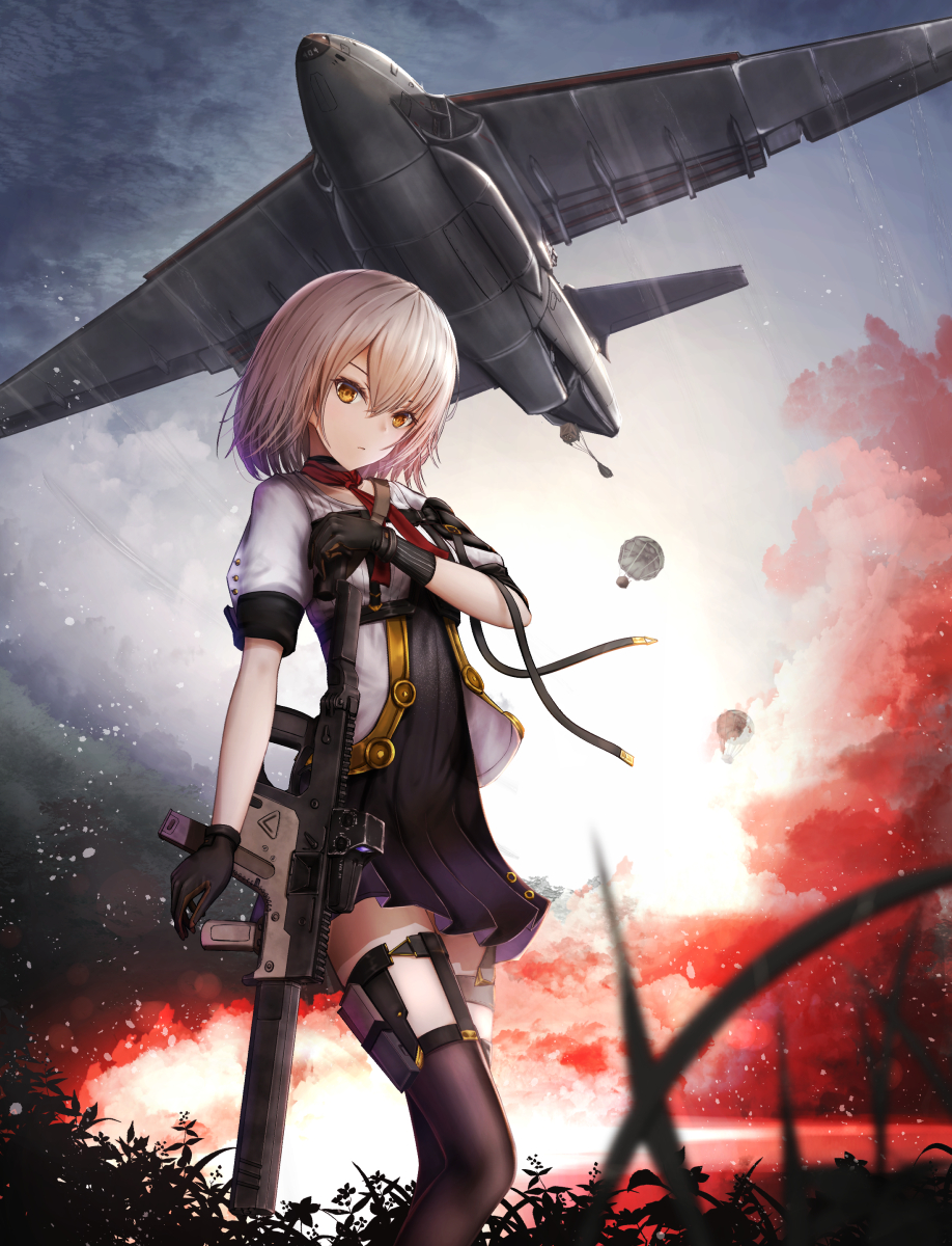 1girl aircraft airplane bomb bomber cargo_aircraft chinese_commentary clouds cloudy_sky commentary_request explosion fire forest girls_frontline gun highres kriss_vector military military_vehicle nature parachute shumeia sky smoke solo submachine_gun suppressor vector_(girls_frontline) weapon