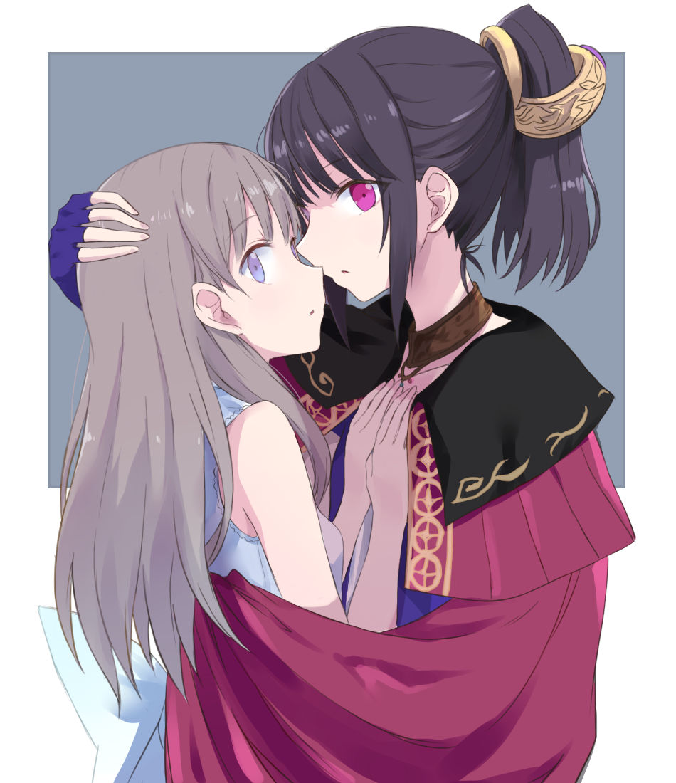 2girls atelier_(series) atelier_totori bangle black_hair blue_eyes bracelet brown_hair cape capelet commentary_request hand_on_another's_back hand_on_another's_head hands_on_another's_chest hug imminent_kiss jewelry long_hair looking_at_viewer maromi_(am97) mimi_houllier_von_schwarzlang multiple_girls ponytail red_eyes simple_background totooria_helmold yuri