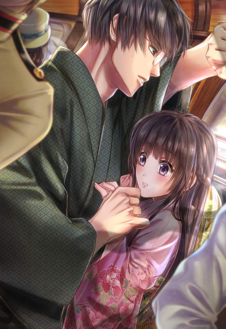 1girl 3boys bangs black_hair braid brown_eyes brown_hair dating floral_print glasses ground_vehicle hand_holding hat height_difference izumi_(stardustalone) japanese_clothes kimono long_hair long_sleeves multiple_boys original pink_kimono renri_no_chigiri_wo_kimi_to_shiru standing sweatdrop train violet_eyes