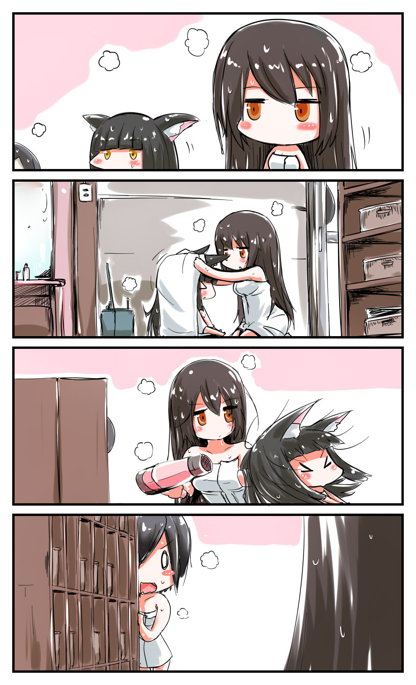 &gt;_&lt; 3girls 4koma animal_ear_fluff animal_ears ark_royal_(azur_lane) azur_lane bangs basket black_hair blunt_bangs blush_stickers breasts brown_eyes brown_hair closed_eyes collarbone comic commentary crossover eyebrows_visible_through_hair fox_ears hair_between_eyes hair_dryer highres holding indoors kantai_collection kneeling long_hair medium_breasts multiple_girls nagato_(azur_lane) nagato_(kantai_collection) naked_towel namesake open_mouth orange_eyes parted_lips profile sitting steam towel very_long_hair yagami_kamiya