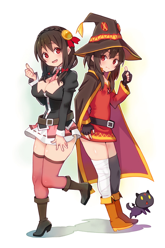 2girls :d bandage bandaged_leg bandages belt between_breasts black_gloves black_hair black_legwear boots bow braid breasts cape chomusuke cleavage crown_braid dress fingerless_gloves flat_chest full_body gloves hair_bow hand_on_hip hat juliet_sleeves kono_subarashii_sekai_ni_shukufuku_wo! large_breasts long_sleeves looking_at_viewer low_twintails megumin miniskirt mismatched_legwear multiple_girls necktie necktie_between_breasts open_mouth pink_eyes puffy_sleeves red_dress red_eyes ryoji_(nomura_ryouji) short_dress short_hair_with_long_locks short_twintails sidelocks simple_background skirt smile standing standing_on_one_leg thigh-highs thumbs_up twintails white_background witch_hat yunyun_(konosuba)