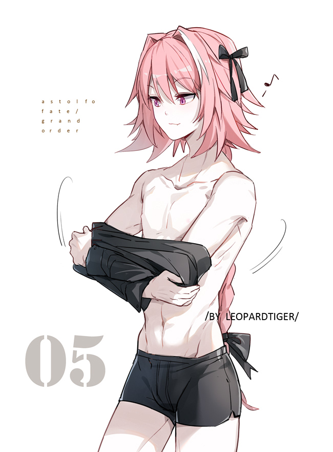 1boy artist_name astolfo_(fate) bishounen black_bow black_ribbon black_shirt bow boxers braid buttoning chest copyright_name fang fate/apocrypha fate_(series) from_side hair_intakes hair_ribbon leopardtiger long_braid long_hair male_focus motion_lines multicolored_hair musical_note no_pants numbered pink_hair ribbon shirt shirtless simple_background single_braid skin_fang solo streaked_hair toned toned_male underwear underwear_only violet_eyes white_background