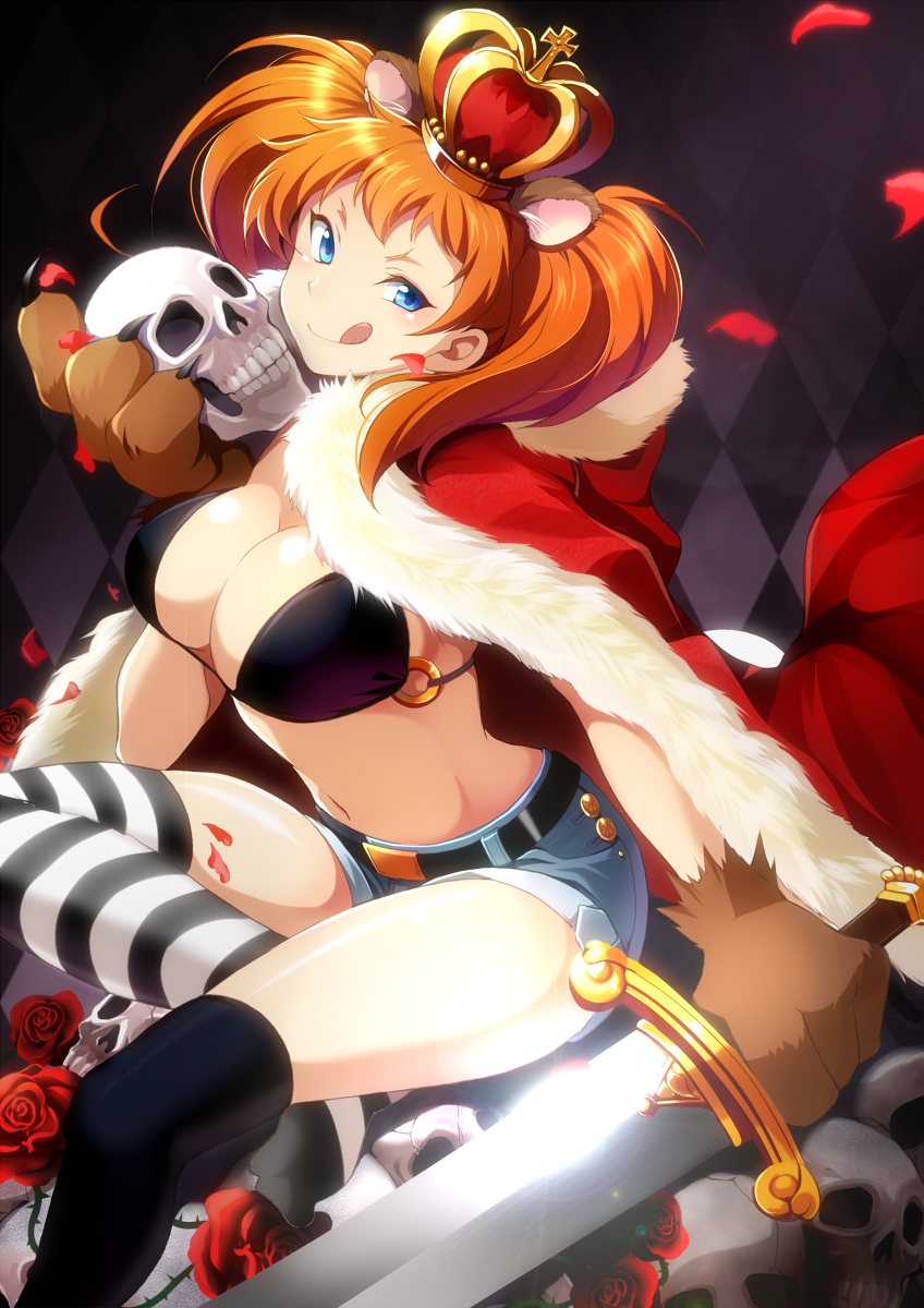 1girl :q animal_ears argyle argyle_background asymmetrical_legwear bear_ears belt black_bikini_top black_legwear blue_eyes blue_shorts breasts brown_gloves brown_hair cape cleavage crown floating_hair flower fur-trimmed_cape fur_trim gloves hakka_(88hk88) highres holding holding_sword holding_weapon hood hood_down hooded large_breasts long_hair looking_at_viewer midriff mini_crown navel o-ring original paw_gloves paws red_cape red_flower red_rose rose shiny shiny_hair short_shorts shorts sideboob sitting skull smile solo stomach striped striped_legwear sword thigh-highs tongue tongue_out weapon