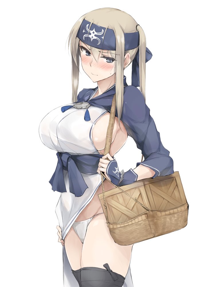 1girl ainu_clothes bandage bandanna basket black_legwear blonde_hair blush breasts commentary_request cosplay crate cropped_jacket fundoshi graf_zeppelin_(kantai_collection) grey_eyes head_tilt headband japanese_clothes kamoi_(kantai_collection) kamoi_(kantai_collection)_(cosplay) kantai_collection large_breasts looking_at_viewer pelvic_curtain ponytail sideboob sidelocks simple_background solo standing thigh-highs twintails white_background wrist_guards zekkyon