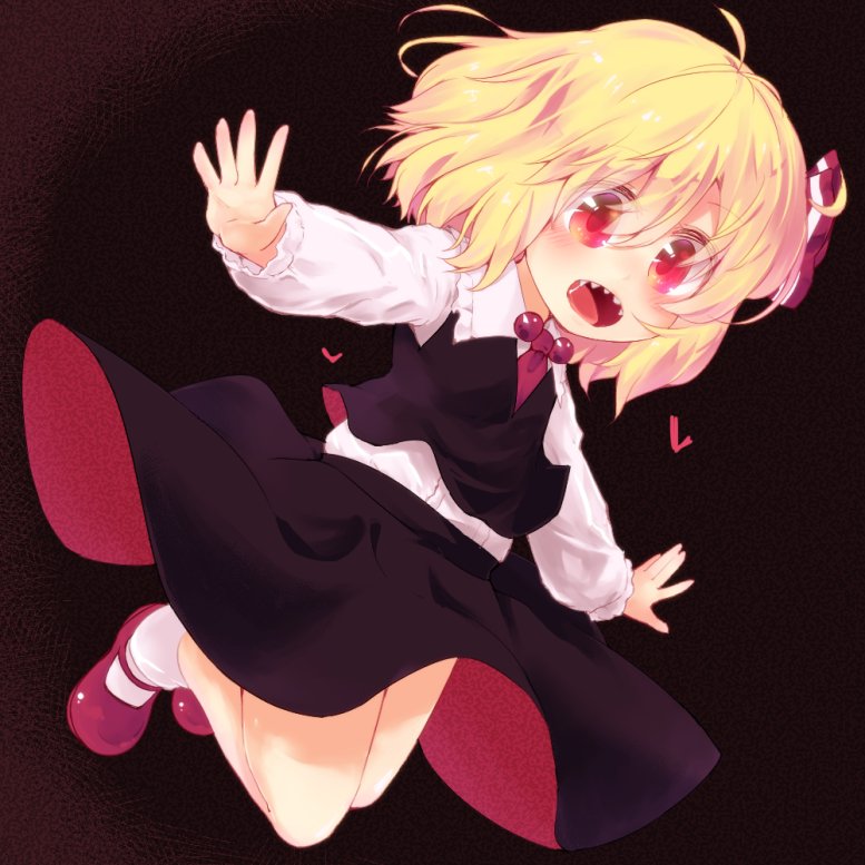 1girl bare_legs black_background black_skirt black_vest blonde_hair commentary_request dress_shirt floating hair_ribbon long_sleeves mary_janes necktie outstretched_arms razy_(skuroko) red_eyes red_footwear red_neckwear red_ribbon ribbon rumia sharp_teeth shirt shoes short_hair skirt socks teeth touhou vest white_shirt wing_collar