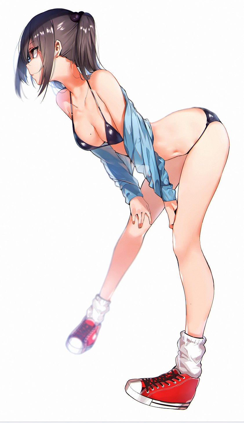 1girl bent_over bikini black_bikini black_hair breasts collarbone facing_to_the_side highres leaning_forward long_hair medium_breasts mole mole_on_breast original orihi_chihiro red_footwear shoes sidelocks simple_background sneakers solo standing swimsuit white_background white_legwear