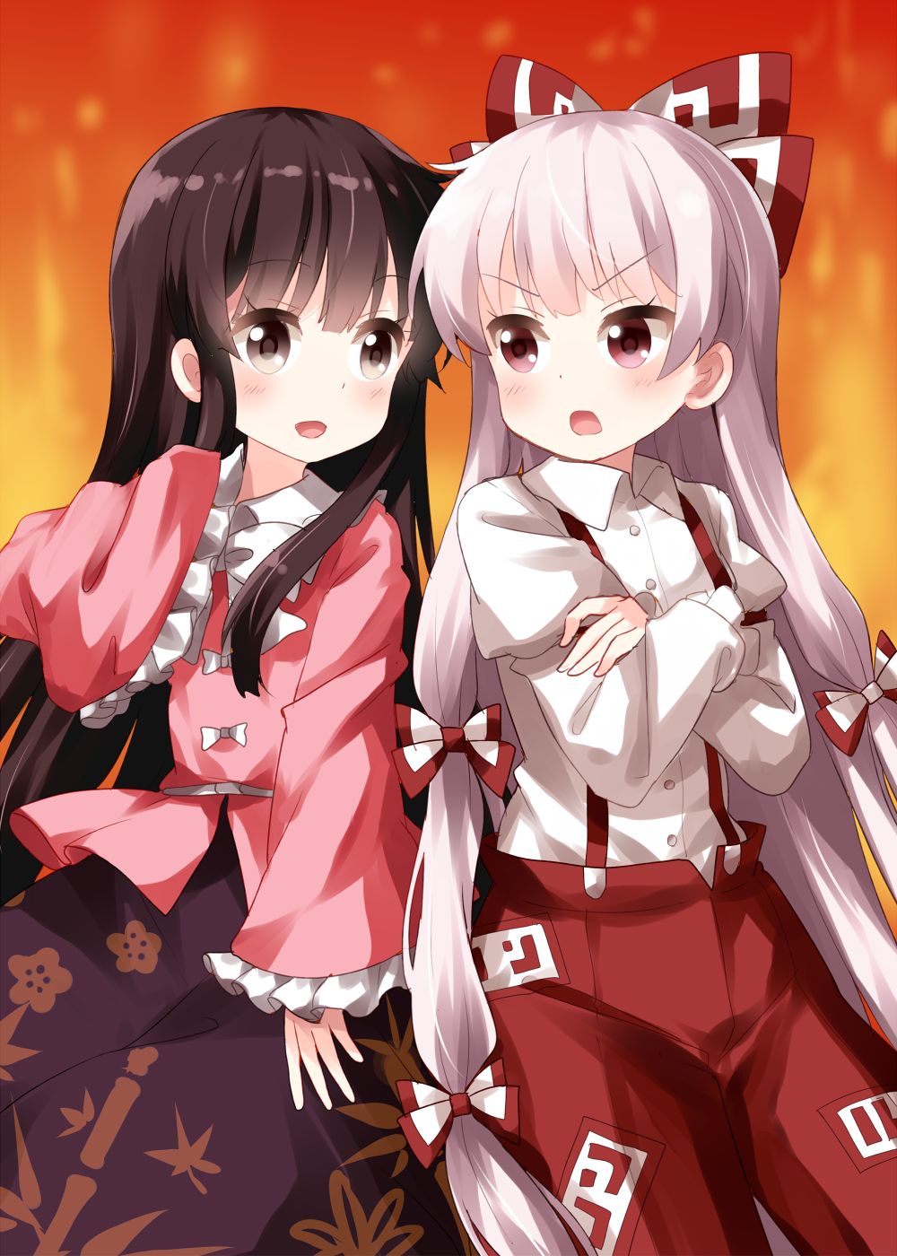 2girls :d bamboo_print bangs black_hair blush bow bowtie brown_eyes commentary_request cowboy_shot crossed_arms eyebrows_visible_through_hair frilled_sleeves frills fujiwara_no_mokou gradient gradient_background hair_bow hand_up highres houraisan_kaguya juliet_sleeves long_hair long_sleeves looking_at_another multiple_girls ofuda open_mouth orange_background pants pink_shirt puffy_sleeves purple_skirt red_eyes red_pants ruu_(tksymkw) sash shirt sidelocks silver_hair skirt smile standing touhou v-shaped_eyebrows very_long_hair white_bow white_neckwear white_sash white_shirt wide_sleeves wing_collar