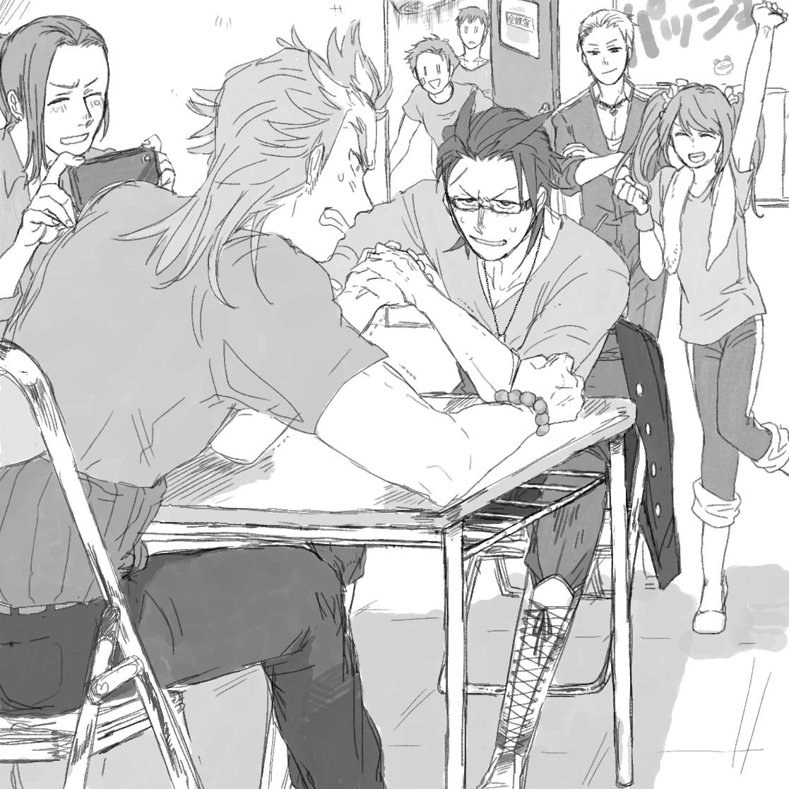 6+boys :d akai_suzaku arm_wrestling bandaid bandaid_on_face glasses greyscale haramaki idolmaster idolmaster_side-m kimura_ryuu kuroka_wa kurono_genbu kuzunoha_amehiko long_hair male_focus mizushima_saki monochrome multiple_boys open_mouth ponytail shingen_seiji shinsoku_ikkon smile twintails watanabe_minori |_|