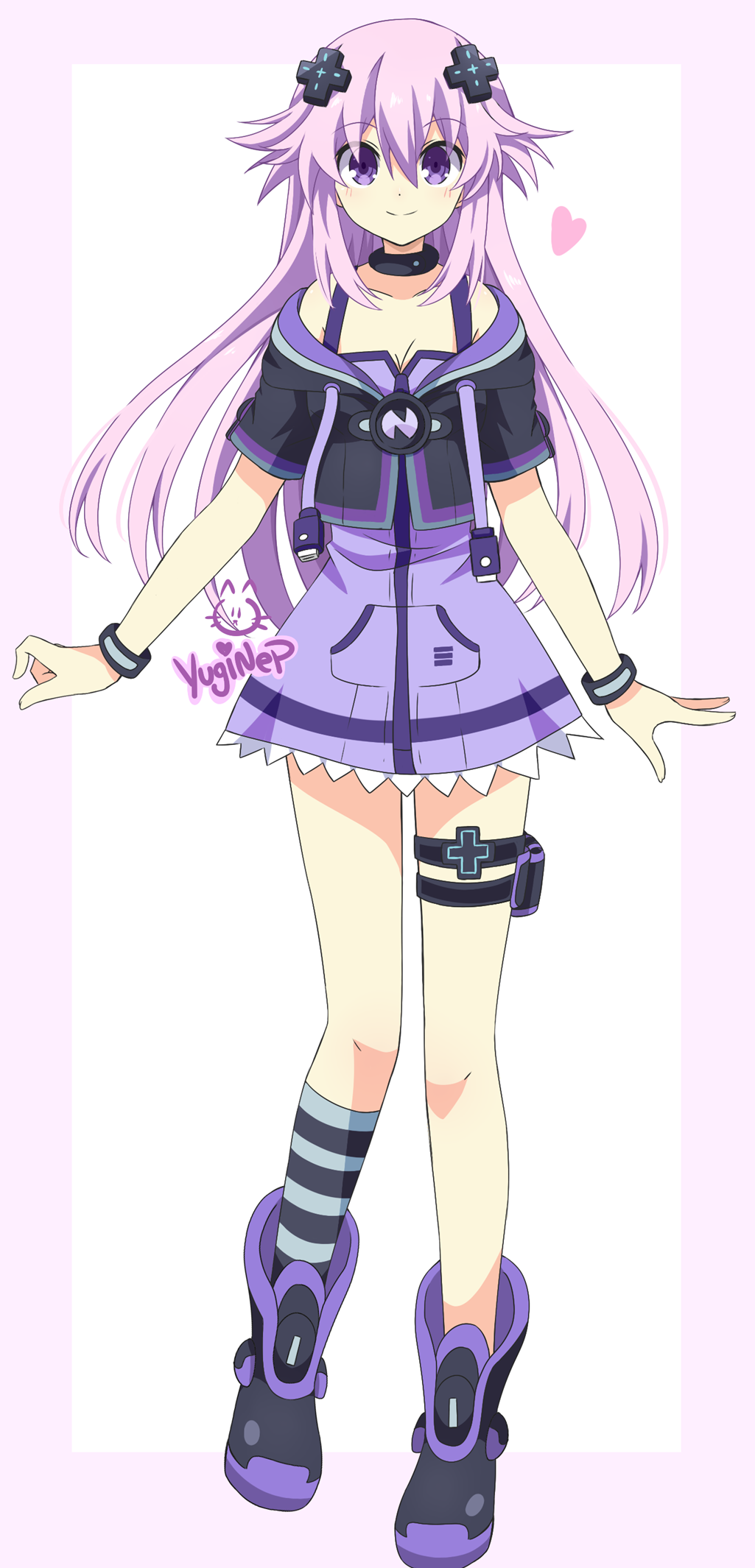 1girl adapted_costume adult_neptune alternate_color bare_legs bare_shoulders black_choker blush breasts caro-xy choker cleavage d-pad d-pad_hair_ornament dress full_body hair_ornament highres holster kami_jigen_game_neptune_v leg_up long_hair looking_at_viewer neptune_(series) purple_dress purple_hair shin_jigen_game_neptune_vii smile solo thigh_strap usb very_long_hair violet_eyes