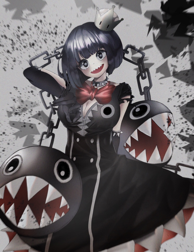 black_dress black_gloves black_hair bob_cut bow breasts chain_chomp chains choker cleavage dot_nose dress elbow_gloves gloves large_breasts super_mario_bros. mohuku94 nintendo personification princess_chain_chomp red_bow sharp_teeth shatter sleeveless sleeveless_dress smile super_crown teeth torn_clothes