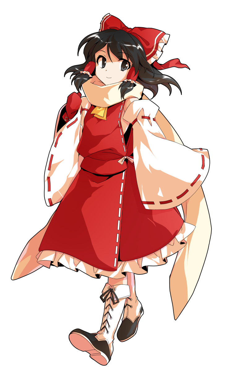 1girl alphes_(style) ascot black_eyes black_hair boots bow closed_mouth commentary_request cross-laced_footwear dairi detached_sleeves frilled_bow frilled_skirt frills full_body gloves hair_bow hair_tubes hakurei_reimu highres japanese_clothes lace-up_boots long_hair long_sleeves miko nontraditional_miko parody red_bow red_gloves red_shirt red_skirt ribbon-trimmed_sleeves ribbon_trim scarf shirt sidelocks skirt skirt_set sleeveless sleeveless_shirt smile solo style_parody tachi-e touhou transparent_background white_footwear wide_sleeves