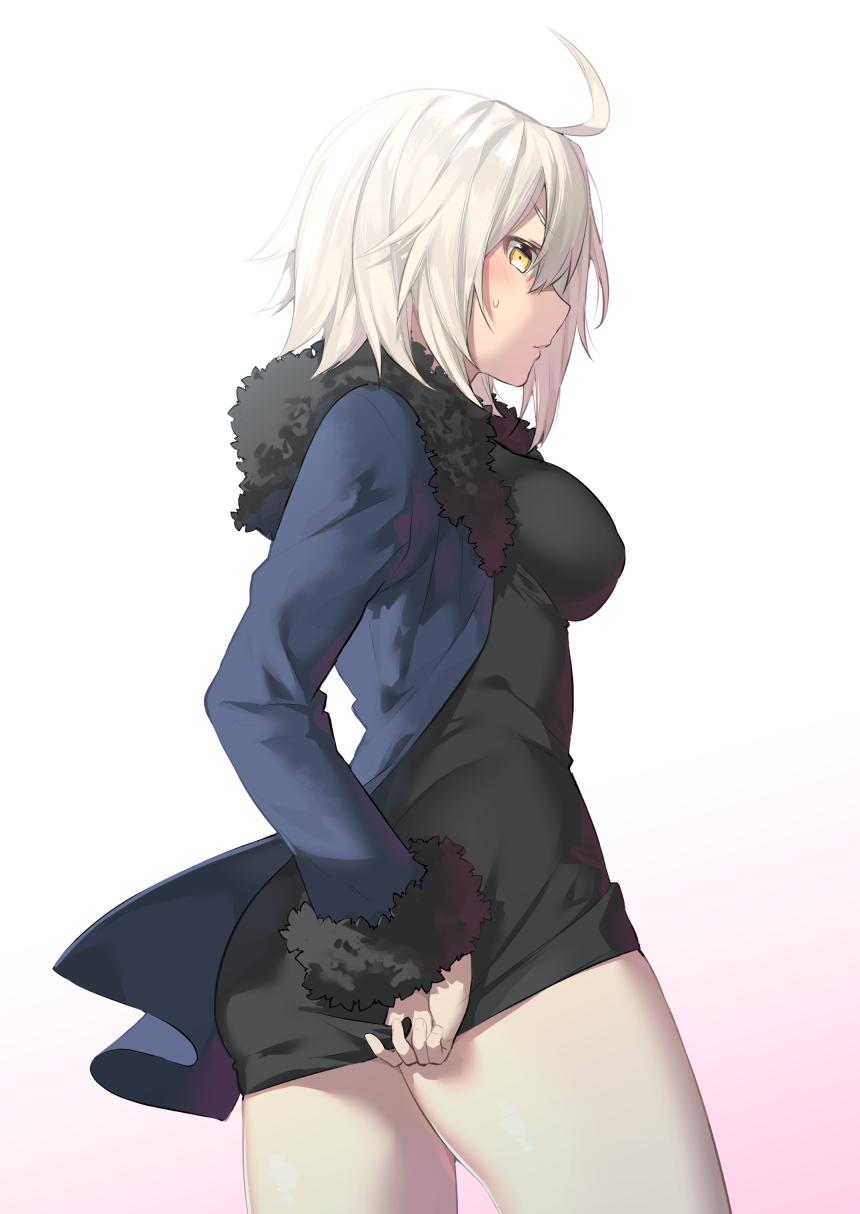 1girl ahoge ass bangs black_dress blue_jacket blush breasts cowboy_shot dress dress_tug eyebrows_visible_through_hair fate/apocrypha fate/grand_order fate_(series) fur-trimmed_jacket fur_trim highres itohana jacket jeanne_d'arc_(alter)_(fate) jeanne_d'arc_(fate)_(all) large_breasts looking_at_viewer medium_breasts open_clothes open_jacket short_dress short_hair silver_hair solo sweatdrop yellow_eyes