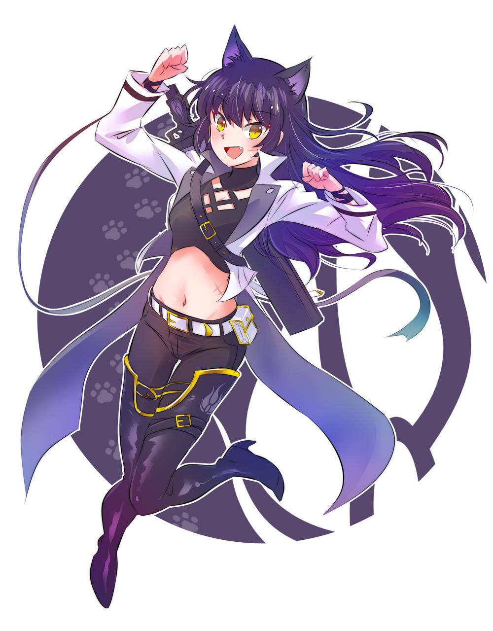 1girl animal_ears arm_ribbon black_hair blake_belladonna boots cat_ears cleavage_cutout coattails highres iesupa long_hair midriff ribbon rwby shirt sleeveless sleeveless_shirt solo thigh-highs thigh_boots vest yellow_eyes