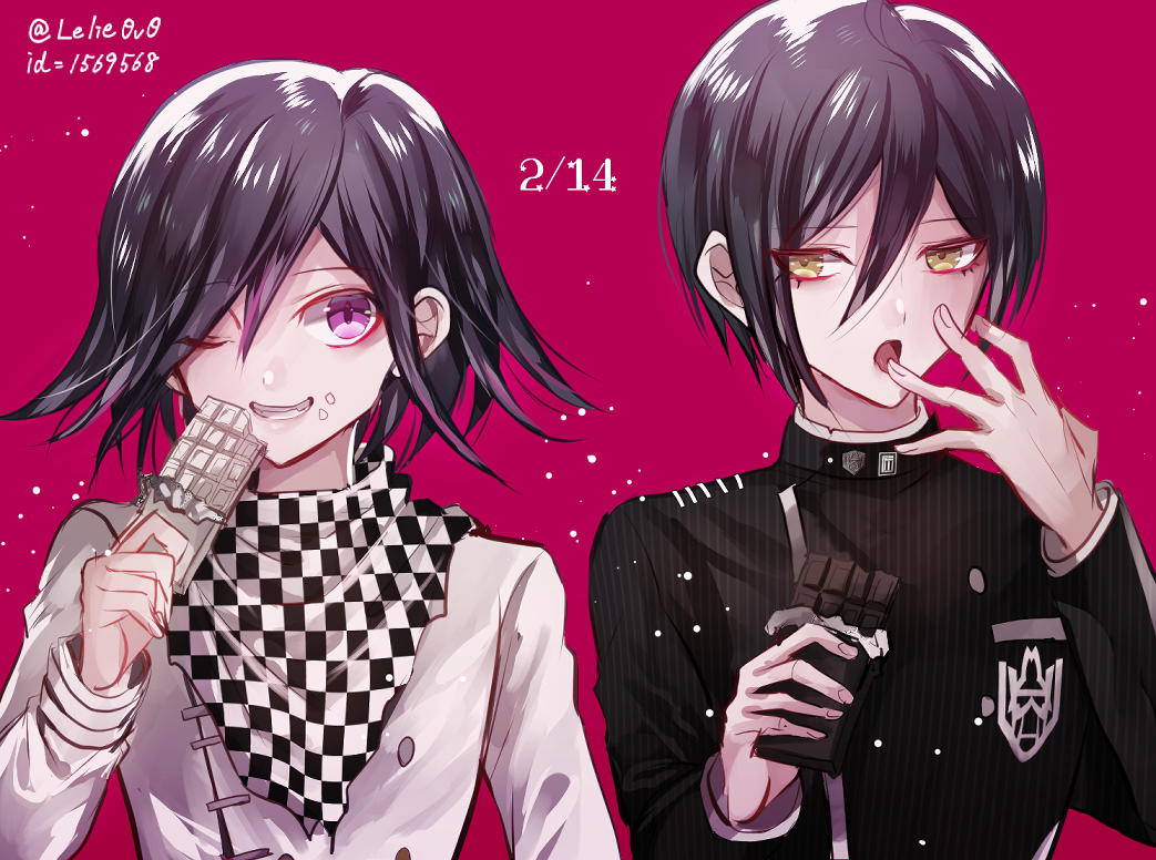 2boys artist_name black_hair black_jacket chocolate commentary_request dangan_ronpa dated food hair_between_eyes holding holding_chocolate jacket male_focus medium_hair multiple_boys new_dangan_ronpa_v3 one_eye_closed ouma_kokichi pink_background plaid plaid_scarf saihara_shuuichi scarf short_hair simple_background striped_jacket violet_eyes white_chocolate white_jacket yellow_eyes z-epto_(chat-noir86)