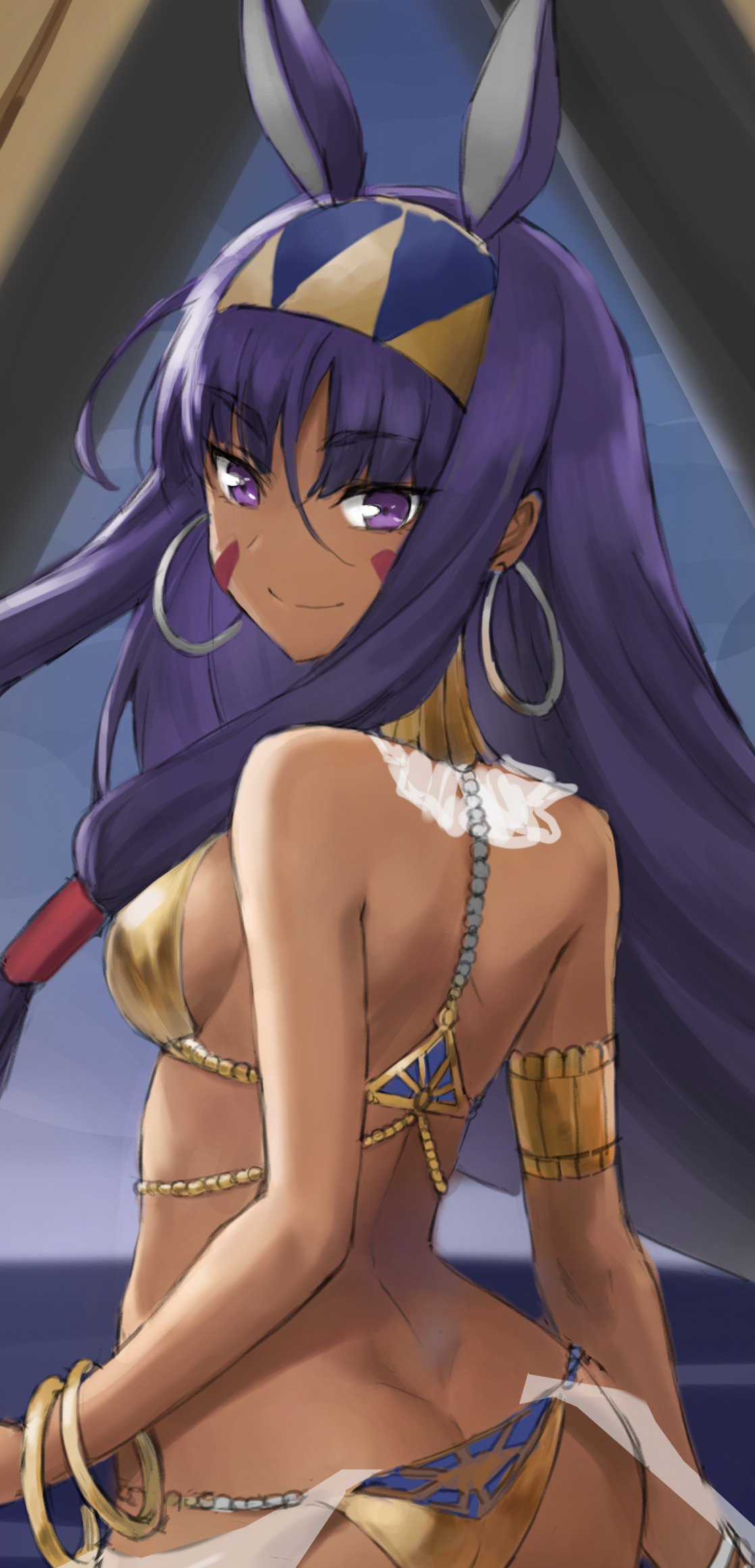 1girl animal_ears ass breasts cowboy_shot dimples_of_venus earrings facial_mark highres hoop_earrings jackal_ears jewelry long_hair looking_at_viewer medium_breasts nitocris_(fate/grand_order) sideboob sidelocks sketch smile solo tan tonee violet_eyes