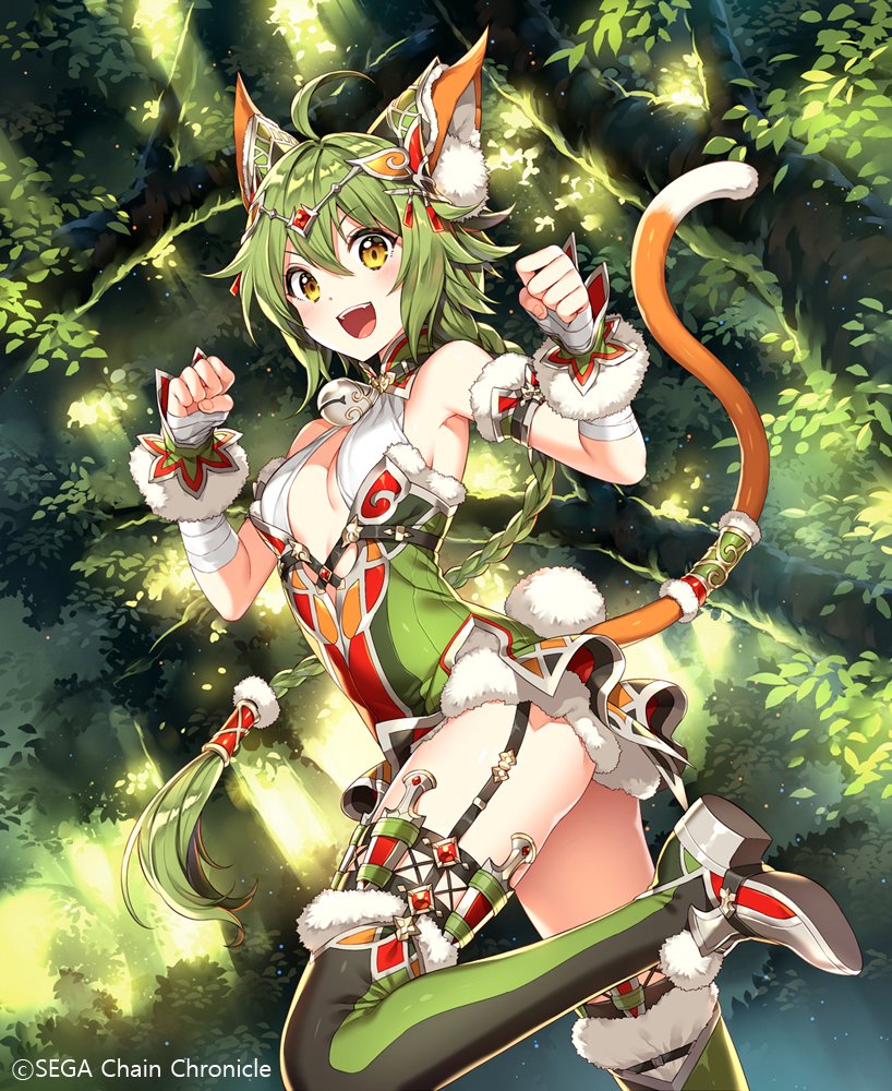 1girl ahoge animal_ear_fluff animal_ears arm_strap bandage bare_shoulders bell bell_collar black_legwear blush braid braided_ponytail breasts bush cat_ears cat_girl cat_tail chain_chronicle collar day detached_collar dress forest fur-trimmed_shorts garter_straps green_dress green_hair hair_between_eyes halterneck jingle_bell leg_up lince_(chain_chronicle) looking_at_viewer low_ponytail low_tied_hair nardack nature official_art open_mouth outdoors outline short_shorts shorts single_garter small_breasts smile solo standing tail thigh-highs thigh_strap tiara tree wrist_cuffs yellow_eyes