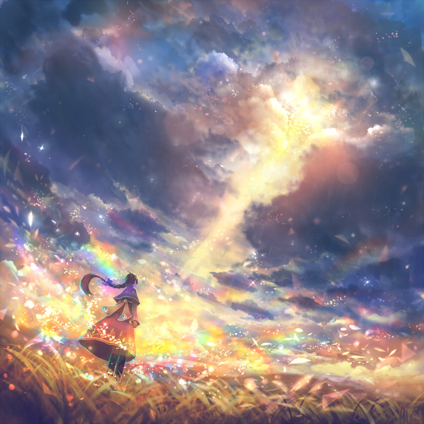 1girl black_hair braid clouds cloudy_sky day dutch_angle facing_away feathers floating_hair grass lens_flare light_rays low_ponytail original outdoors plant rainbow robe sakimori_(hououbds) single_braid sky solo standing sunbeam sunlight wide_shot