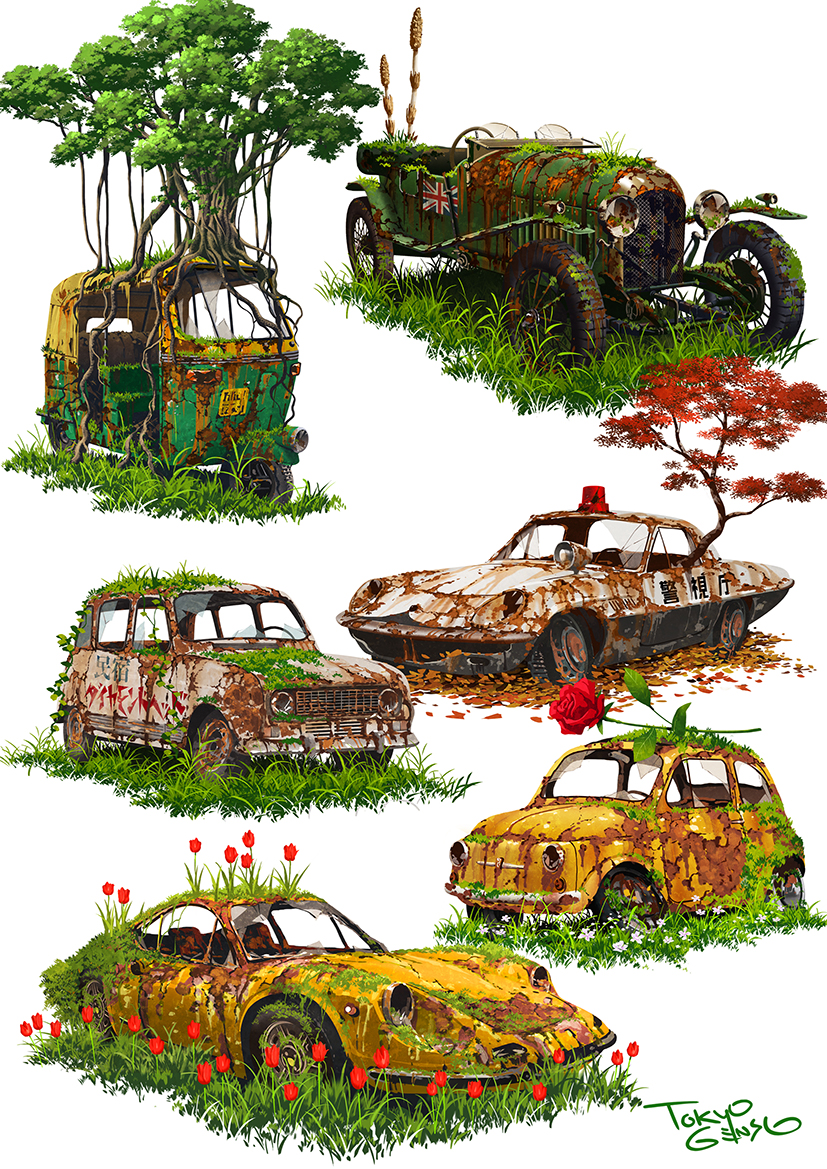 alarm_siren autumn_leaves bentley_4_1/2_litre broken_glass broken_window circle_name commentary_request dilapidated ferrari_dino fiat_500 flower glass grass huge_filesize mazda_cosmo no_humans original overgrown oversized_object plant red_flower red_rose rose rotating_light rust simple_background three-wheeler tokyogenso tree tulip union_jack vehicle_request vines white_background