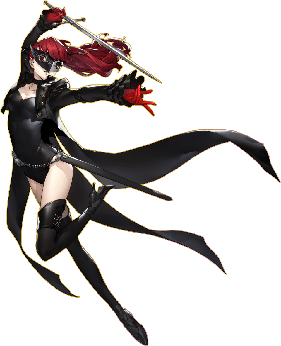1girl black_legwear black_leotard boots cropped_jacket full_body gloves high_heel_boots high_heels leotard long_hair mask official_art open_mouth persona persona_5 persona_5_the_royal red_eyes red_gloves redhead soejima_shigenori solo sword thigh-highs thigh_boots transparent_background weapon yoshizawa_kasumi