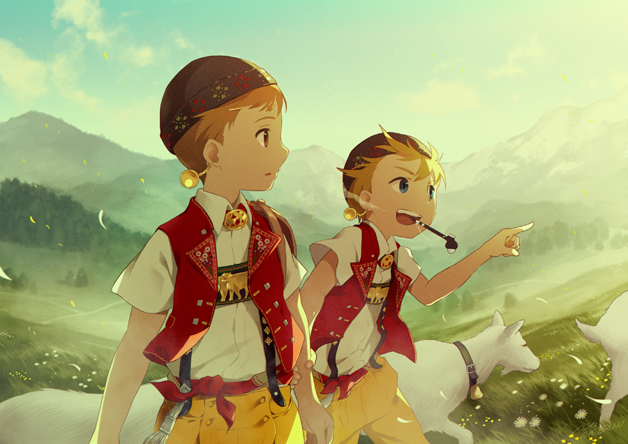 2boys animal arm_grab blonde_hair blue_eyes brown_eyes brown_headwear clouds collared_shirt commentary_request earrings field goat hat jewelry male_focus mountain multiple_boys noeyebrow_(mauve) open_mouth orange_hair original pants pointing pointing_forward red_vest shirt short_sleeves sky smile suspenders swiss_clothes switzerland vest white_shirt wind wing_collar yellow_pants