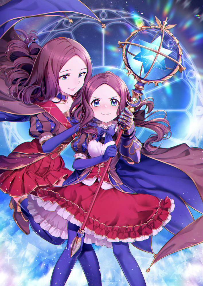 2girls bangs blue_cape blue_eyes blue_gloves blue_legwear blue_neckwear brown_cape brown_hair cape choker collarbone dual_persona elbow_gloves fate/grand_order fate_(series) floating_hair frilled_skirt frills gauntlets gloves hakka_(88hk88) holding holding_staff leonardo_da_vinci_(fate/grand_order) long_hair looking_at_viewer medium_skirt multiple_girls pantyhose parted_bangs red_skirt shiny shiny_hair skirt smile staff standing thigh-highs