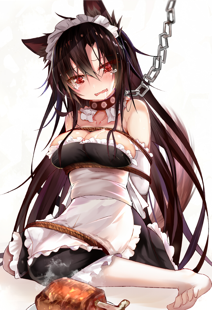 1girl @_@ alternate_costume animal_ears apron arms_behind_back bare_shoulders bdsm black_dress blush boned_meat breasts brown_hair chains cleavage collar collarbone commentary_request dress drooling efe elbow_gloves enmaided food frilled_apron frills gloves head_tilt highres imaizumi_kagerou large_breasts leash long_hair looking_at_viewer maid maid_headdress meat no_shoes partial_commentary red_collar red_eyes rope shadow simple_background sitting solo strapless strapless_dress tail tears touhou very_long_hair wariza white_apron white_background white_gloves wolf_ears wolf_tail